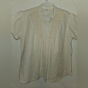 Cream Button-Up Blouse with Crochet Detail